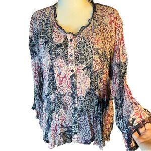 Coldwater Creek boho oversize sheer buttoned top Navy/pink/purple 1X CO005